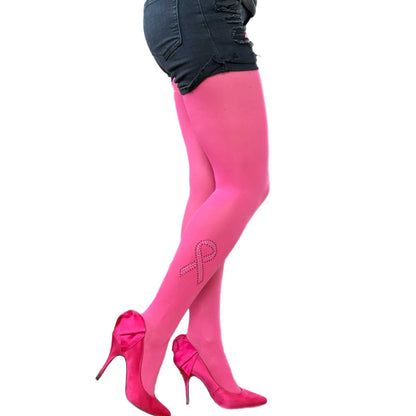 Breast Cancer Awareness Rhinestone On Shock Pink 50 Denier Opaque Tights Malka Chic sold at Aqualta 2