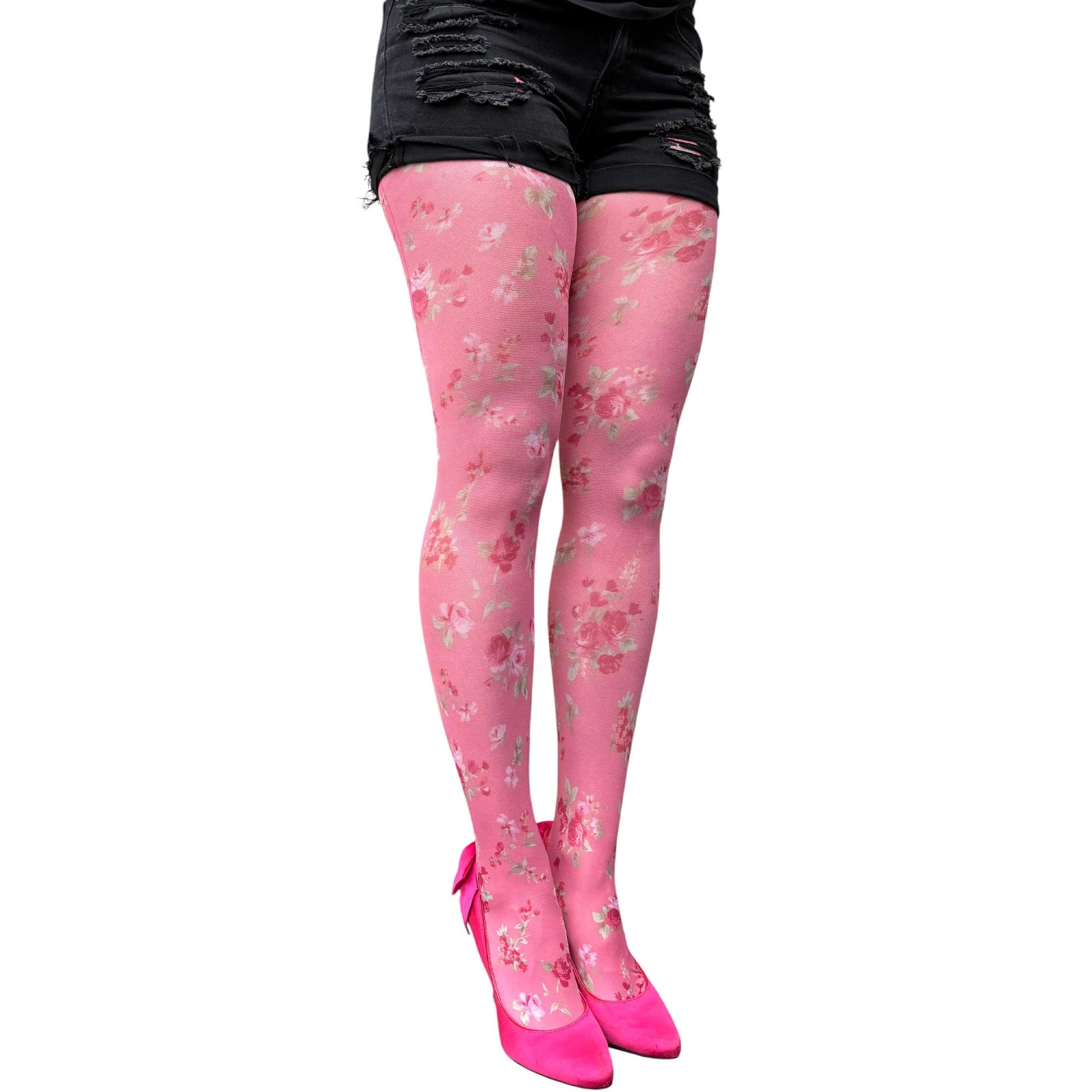 Women wearing pink floral patterned tights with delicate small flower design and artistic fashion style