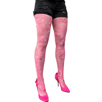 Pink Small Flowers Patterned Tights with soft floral print on pastel pink background by Malka Chic
