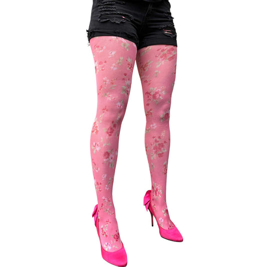 Pink Small Flowers Patterned Tights with soft floral print on pastel pink background by Malka Chic