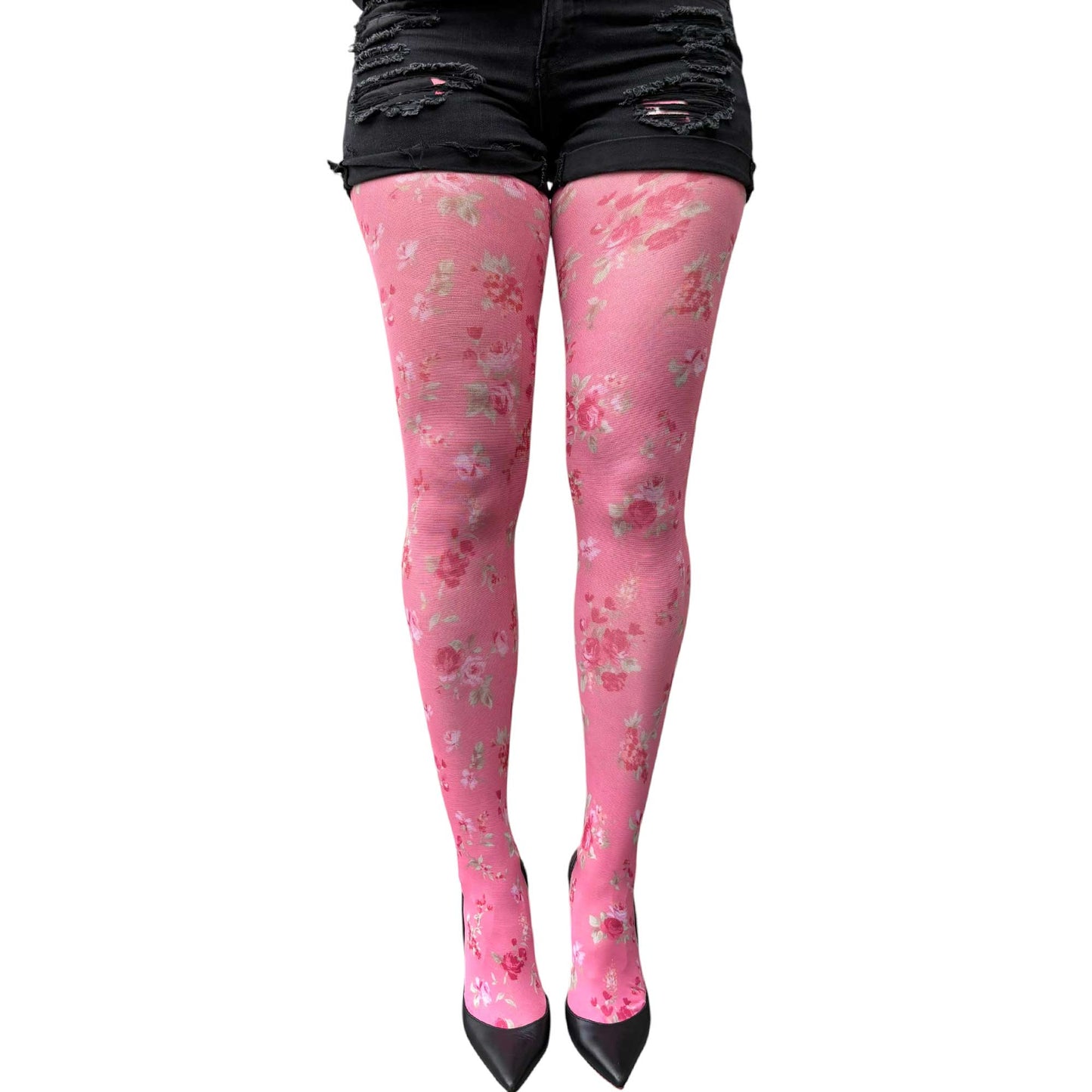 Pink patterned tights featuring vintage-inspired small floral prints for colorful everyday outfits