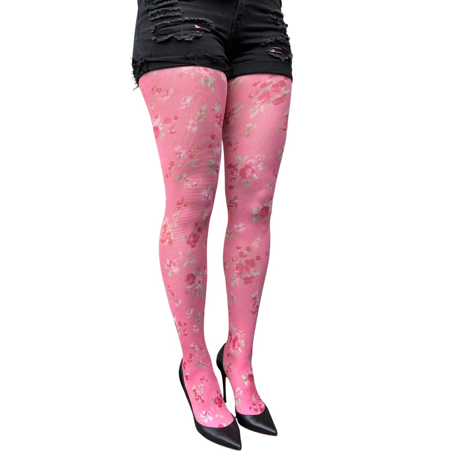 Pink floral tights for women with romantic flower patterns and comfortable opaque finish