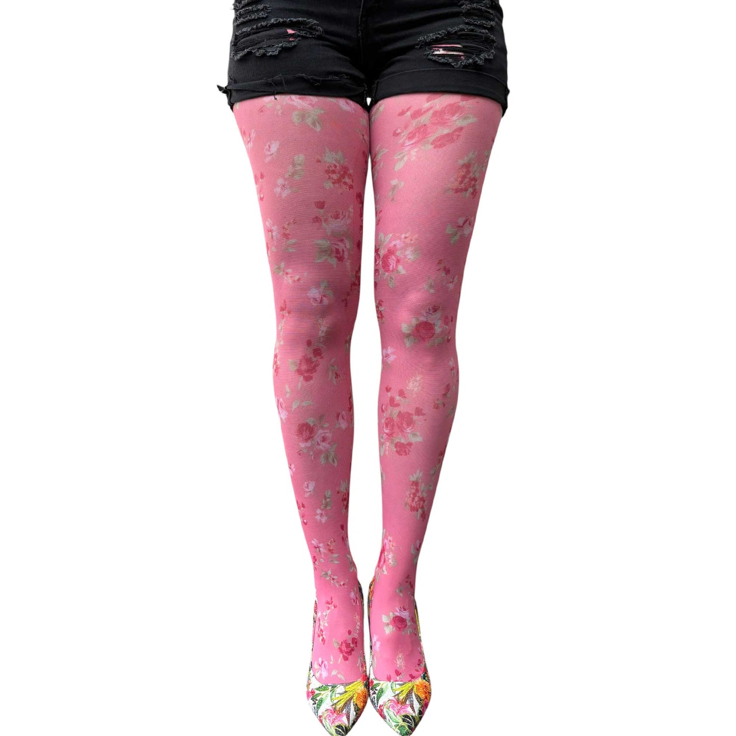 Stylish pink patterned tights with tiny floral details perfect for spring and feminine fashion looks