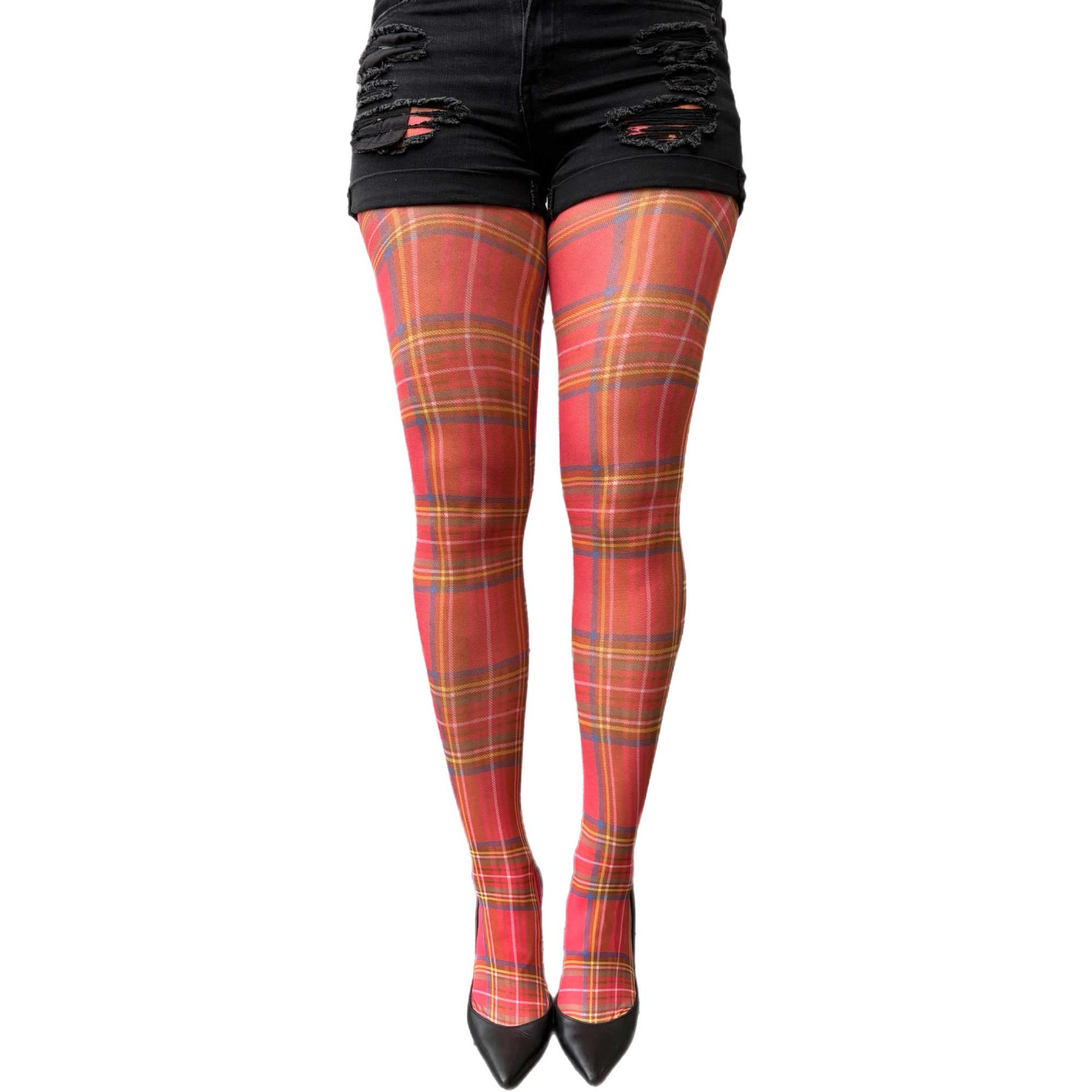 Stylish red plaid tights for women ideal for winter outfits