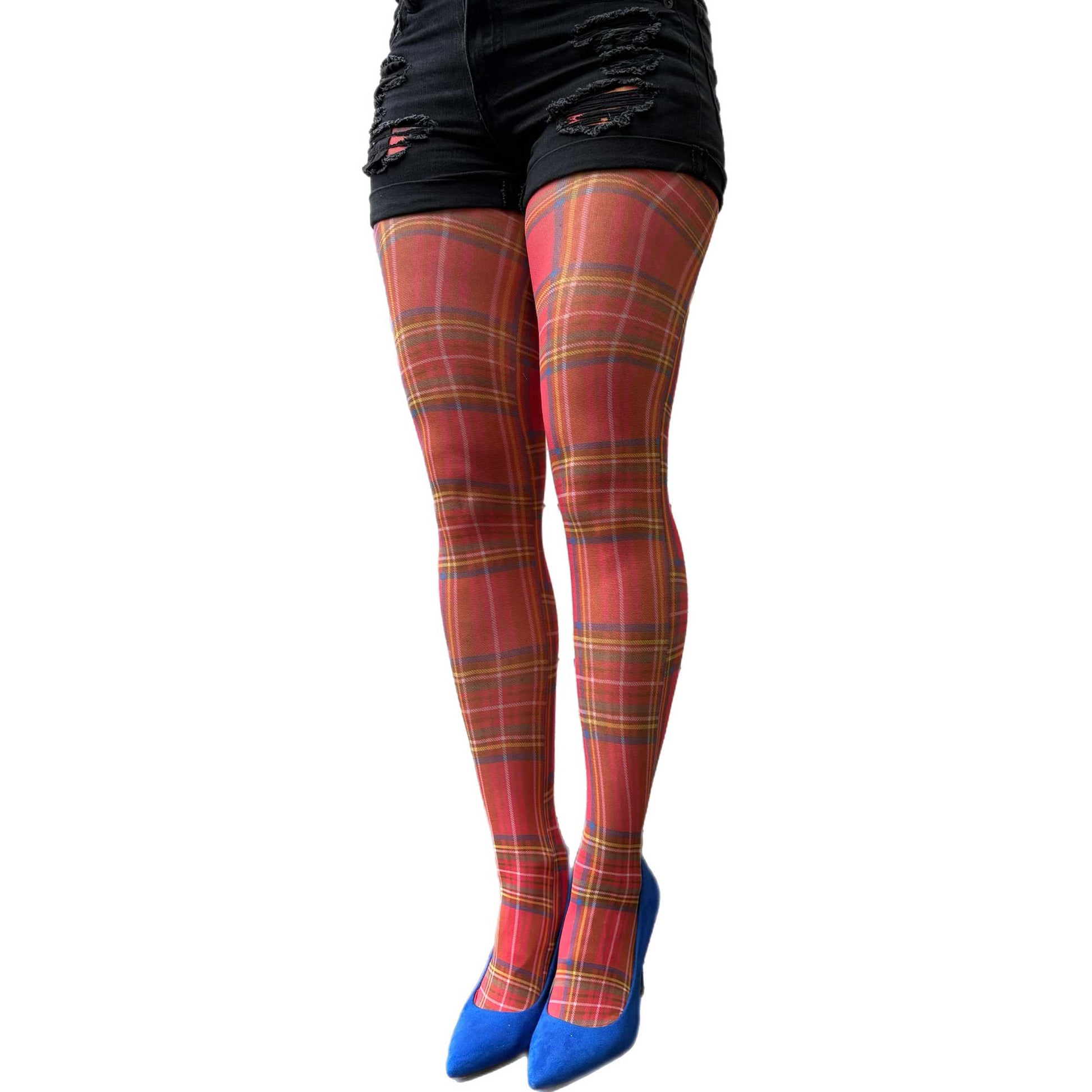 Red plaid tights for women with classic tartan pattern