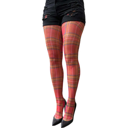 Red checkered tights for women with opaque finish
