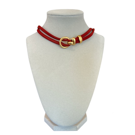 Red Suede Leather Necklace with gold Pars Sold at Aqualta
