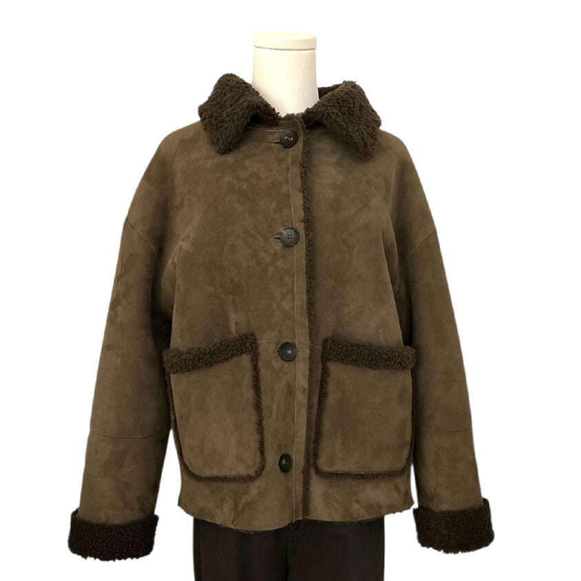 Reversible Olive Brown Shearling/Suede Jacket - AQUALTA