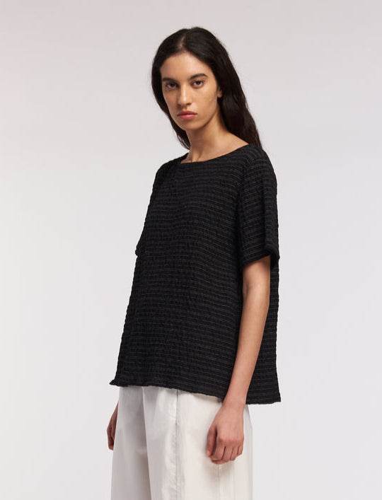 Round Neck Blouse thin Stripes Black and White - AQUALTA