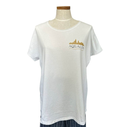 Round Neck White Tee - Print Chicago Small Skyline Gold - AQUALTA