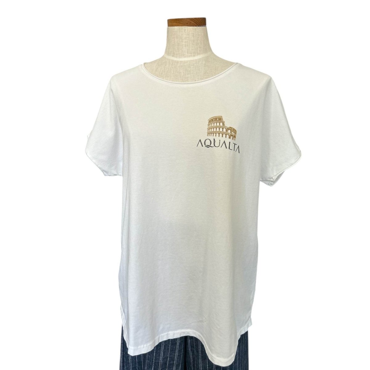 Round Neck White Tee - Print Gold Colosseum - AQUALTA