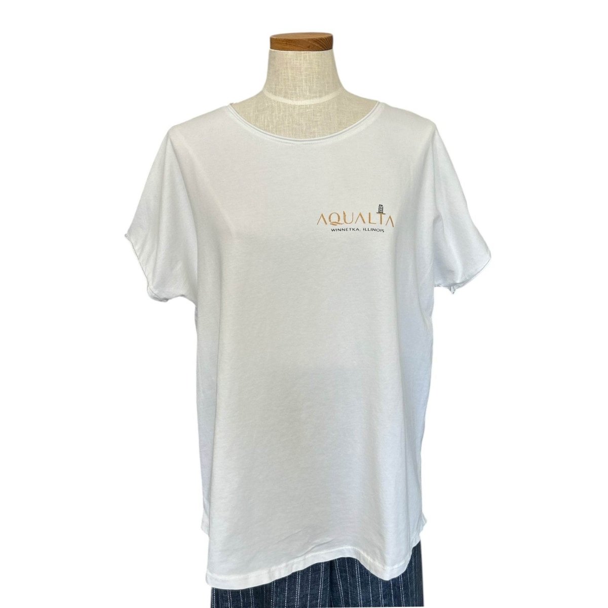 Round Neck White Tee - Print Small Pisa Tower - AQUALTA