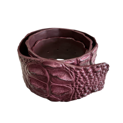 Luxury Savana crocodile-embossed Bordeaux leather belt, handcrafted and sold at Aqualta