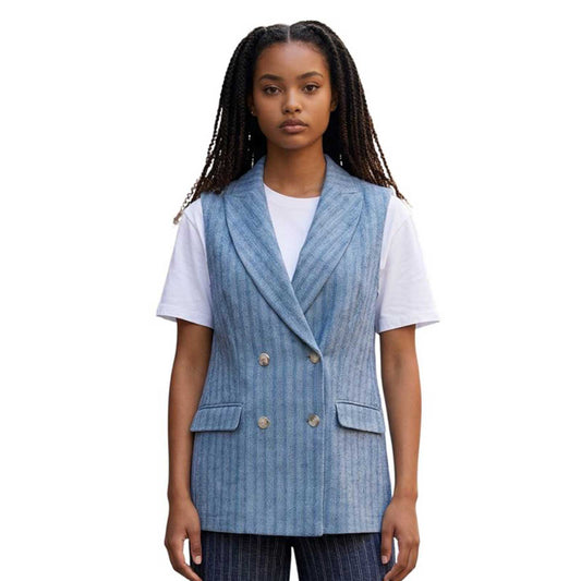 Woman wearing a Sleeveless Jersey Jacket Herringbone Blue Goodmatch sold at Aqualta