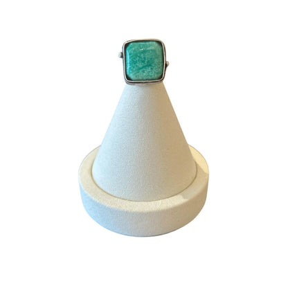 Square Green Jade Marble glass Cabochon on Silver Ring - AQUALTA