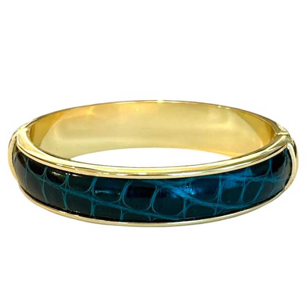 A simple classic Teal leather metal bangle, made with a crocodile over brass Biagini sold at Aqualta
