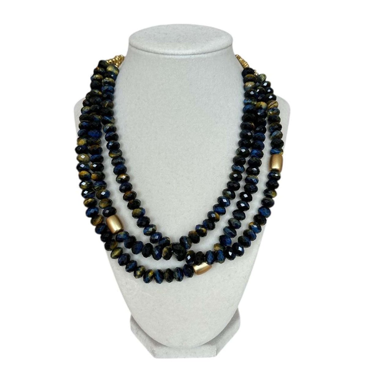 Triple Strand Blue Tiger Eye on Gold Necklace - AQUALTA