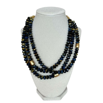 Triple Strand Blue Tiger Eye on Gold Necklace - AQUALTA