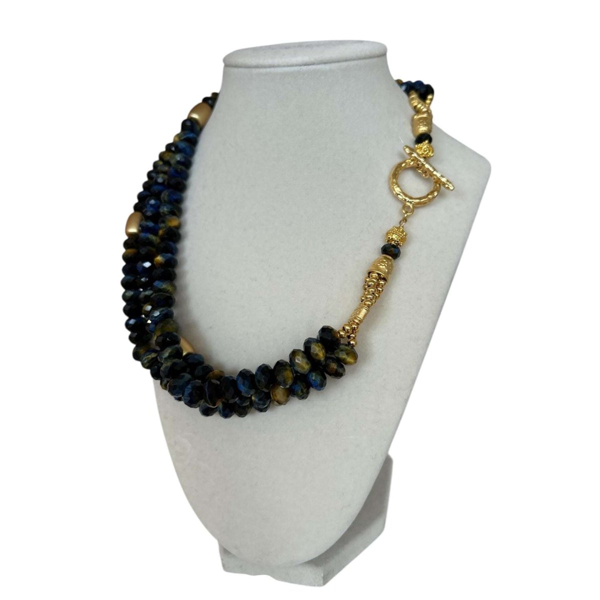 Triple Strand Blue Tiger Eye on Gold Necklace - AQUALTA