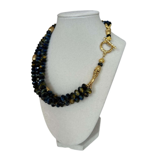 Triple Strand Blue Tiger Eye on Gold Necklace - AQUALTA