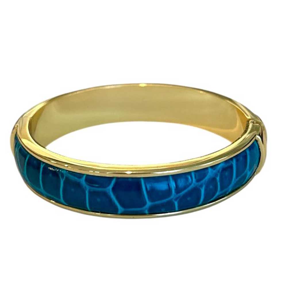 A simple classic Turquoise leather metal bangle, made with a crocodile over brass Biagini sold at Aqualta