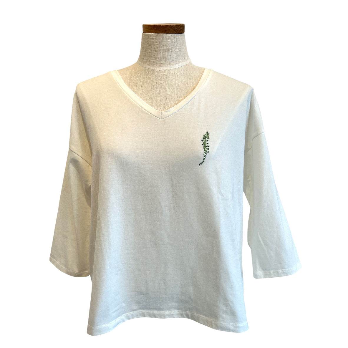 V - Neck Tee 3/4 sleeves White with design - AQUALTA