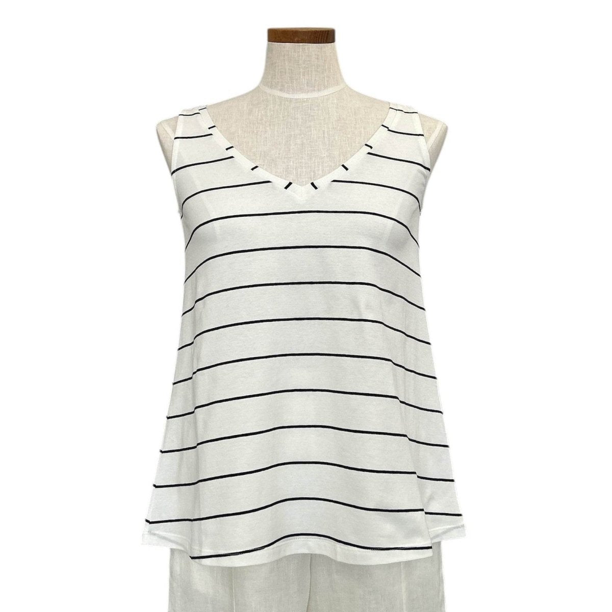 V - Neck Tee Sleeveless White & Black Stripes - AQUALTA